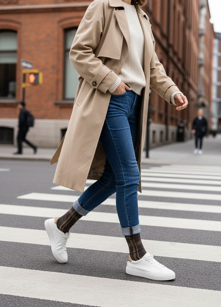 Ambel damestrømper i bomuld | Brun strømpe med striber