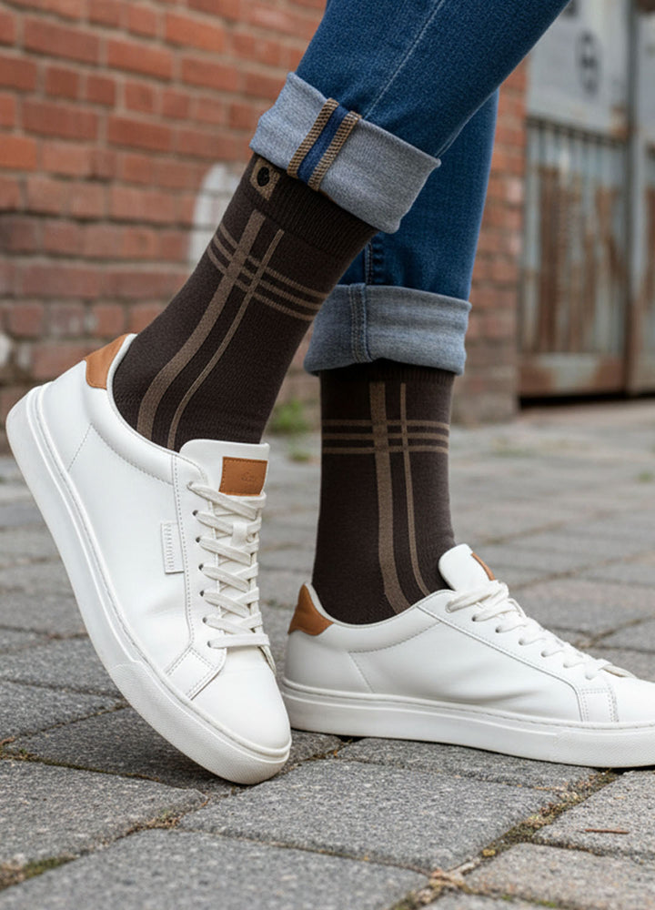 Ambel damestrømper i bomuld | Brun strømpe med striber