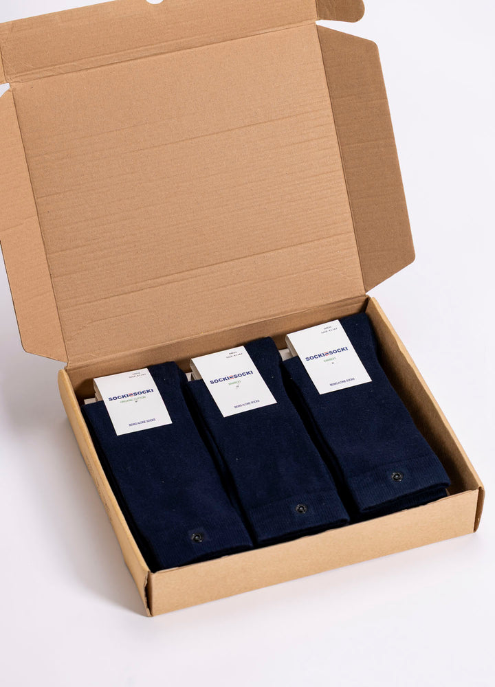 10-Boks Mørkeblå Bambusstrømper |Sort Knap |Str. 41–47