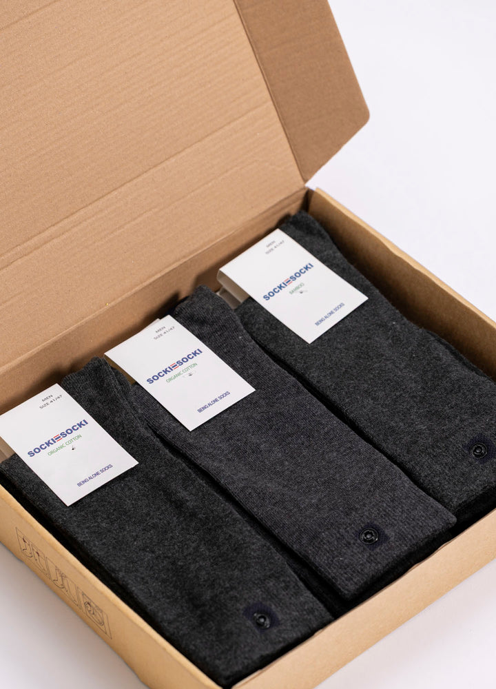 10 Boks Koksgrå Bambusstrømper | Sort knap | Str. 41-47