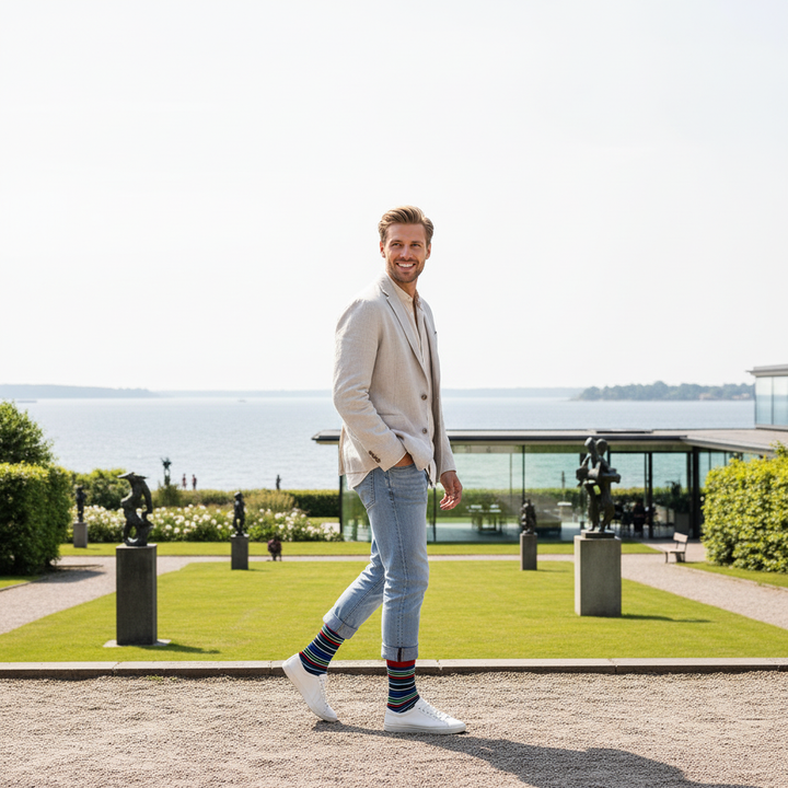 Apex økologiske bomuldsstrømper med farverige striber og knap