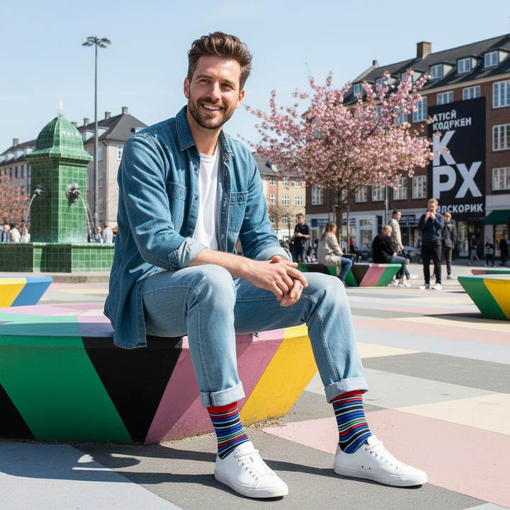 Apex økologiske bomuldsstrømper med farverige striber og knap