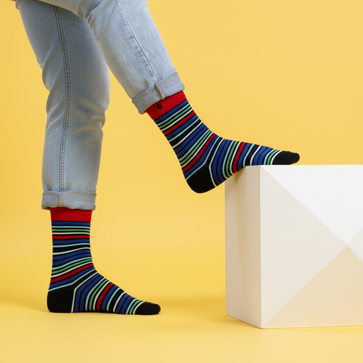 Apex økologiske bomuldsstrømper med farverige striber og knap