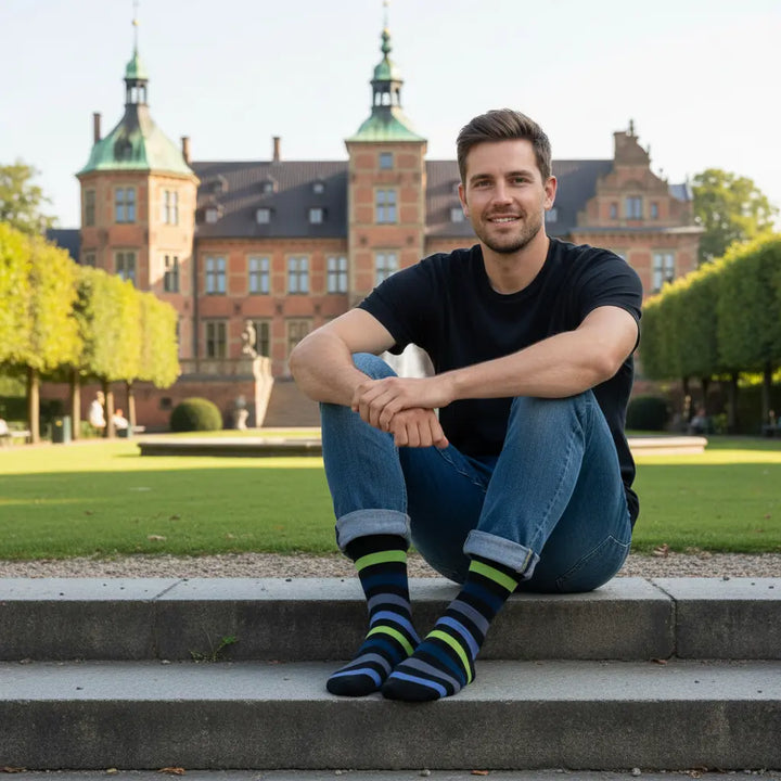 Bryga – økologiske strømper med striber & knap SockiSocki