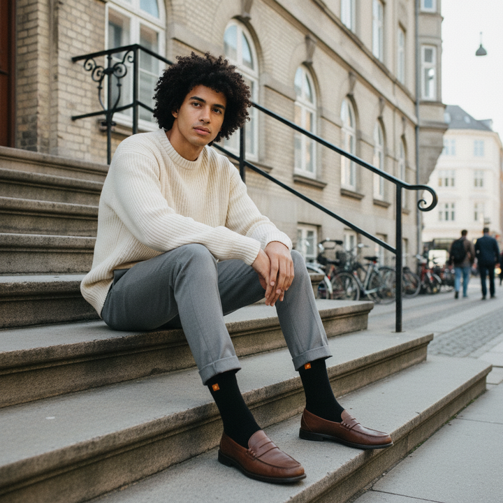 10 Boks Sorte Bambusstrømper | Orange knap | Str. 41-46