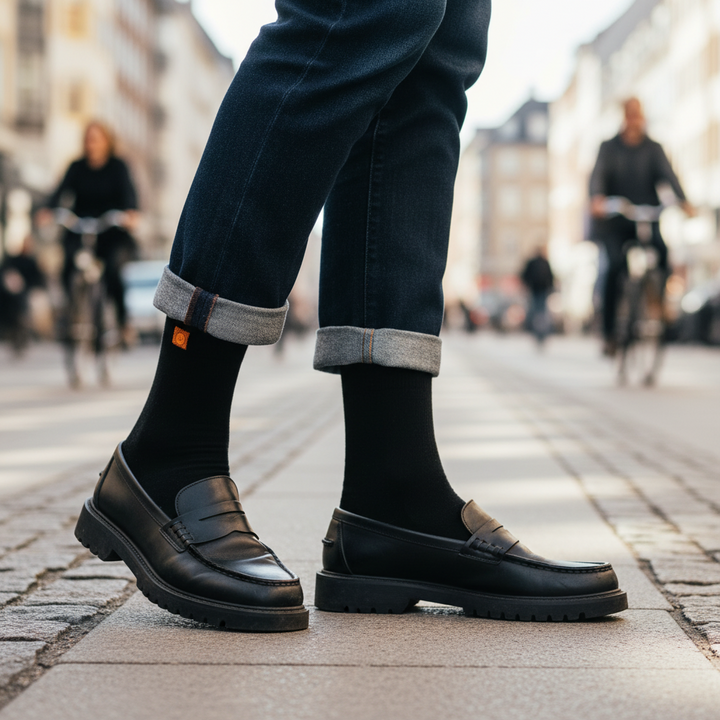 Sorte Bambusstrømper | Orange knap | Str. 41 - 47