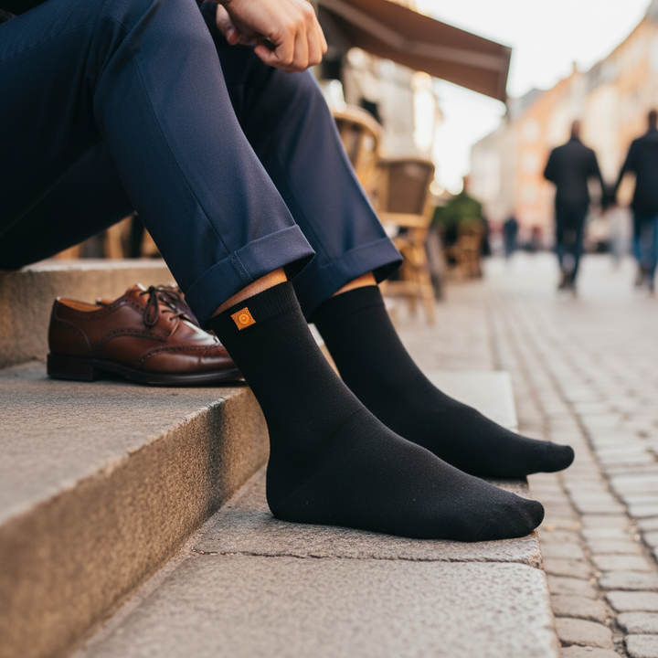 Sorte Bambusstrømper | Orange knap | Str. 41 - 47