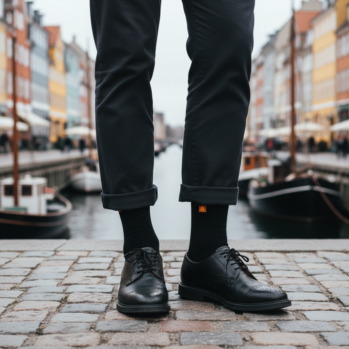 Sorte Bomuldsstrømper | Orange knap | 41-47