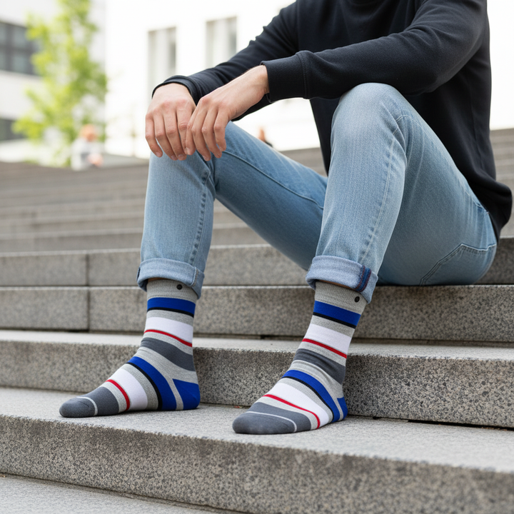 Falda – økologiske bomuldsstrømper med friske striber & knap