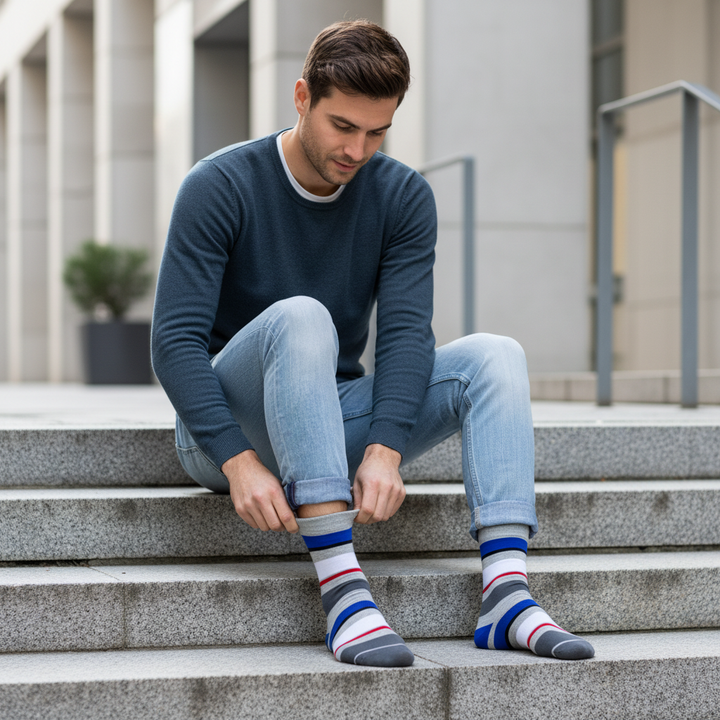 Falda – økologiske bomuldsstrømper med friske striber & knap