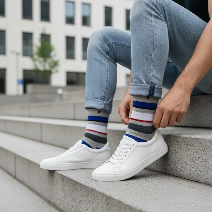 Falda – økologiske bomuldsstrømper med friske striber & knap