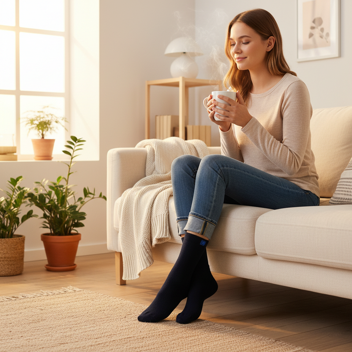 Navy Bomuldsstrømper | Sort Knap | 36-41