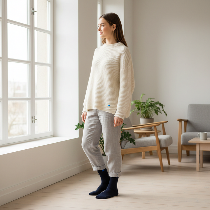 Navy Bomuldsstrømper | Sort Knap | 36-41