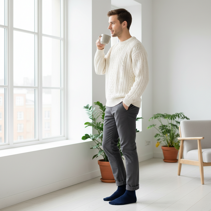 Navy Bomuldstrømpe | Sort Knap | 41-47