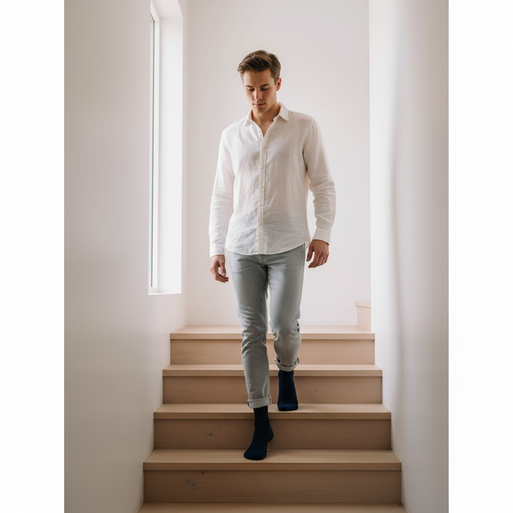 Navy Bomuldstrømpe | Sort Knap | 41-47