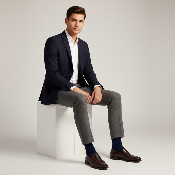 Navy Bomuldstrømpe | Sort Knap | 41-47