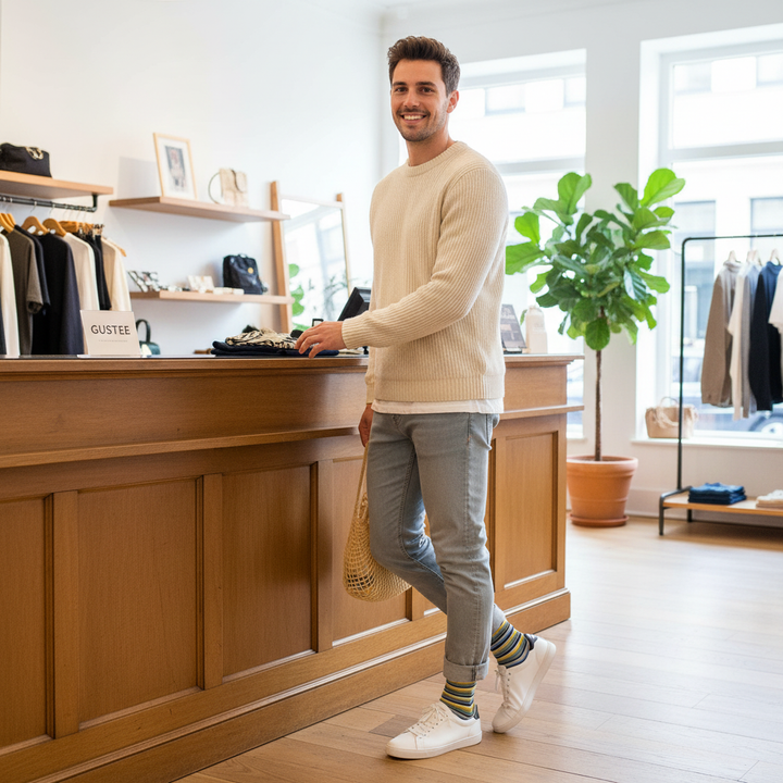 Gustee | økologiske bomuldsstrømper med farverige striber & knap