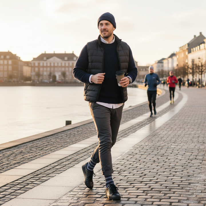 Leeba – økologiske bomuldsstrømper i navy striber med smart knap