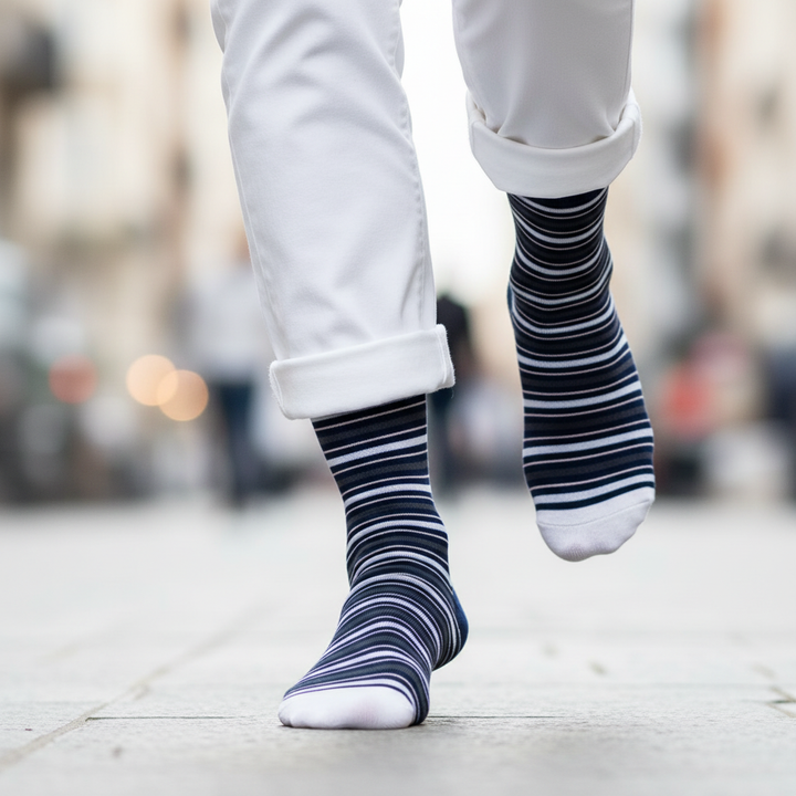 Leeba – økologiske bomuldsstrømper i navy striber med smart knap