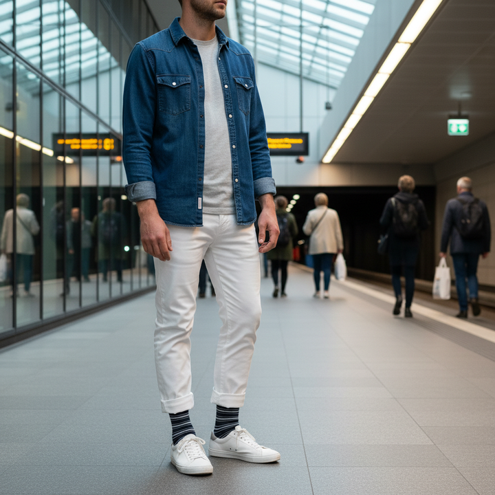 Leeba – økologiske bomuldsstrømper i navy striber med smart knap