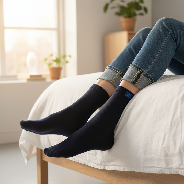 Navy Bomuldsstrømper | Sort Knap | 36-41