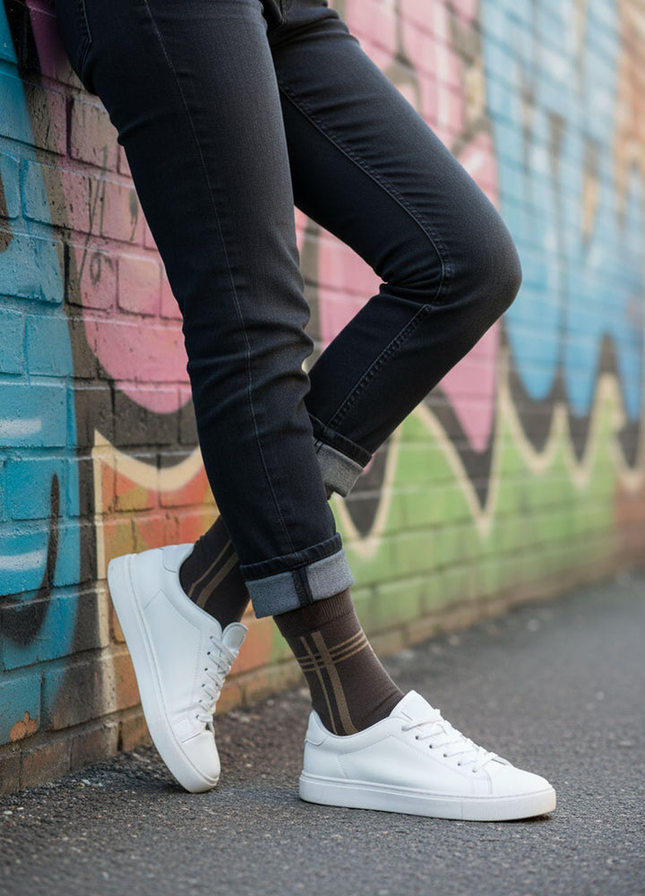 Ambel damestrømper i bomuld | Brun strømpe med striber