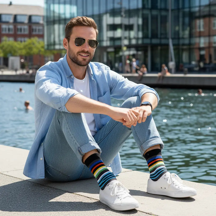 Perette | økologiske strømper med farverige striber & knap SockiSocki