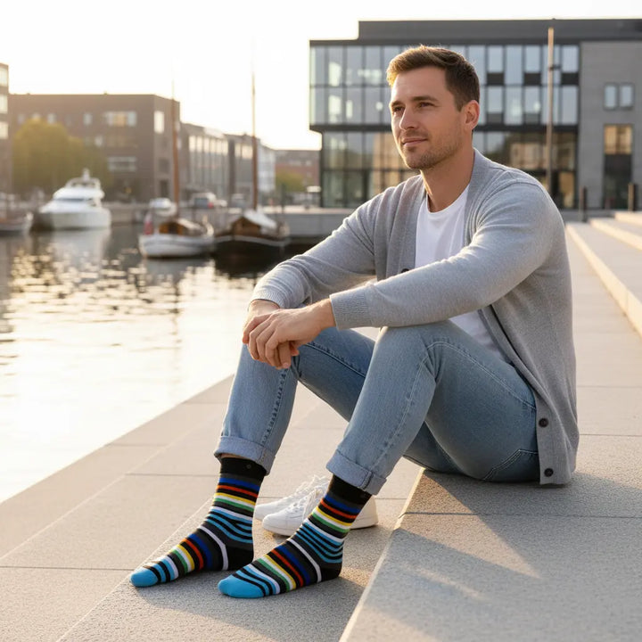 Perette | økologiske strømper med farverige striber & knap SockiSocki