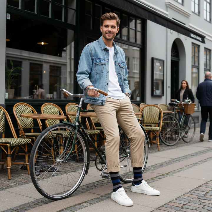 Bambusstrømper fra Nordic Summer Edition, set ved cykel og café fra SockiSocki