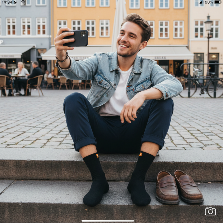 10 Boks Sorte Bambusstrømper | Orange knap | Str. 41-46