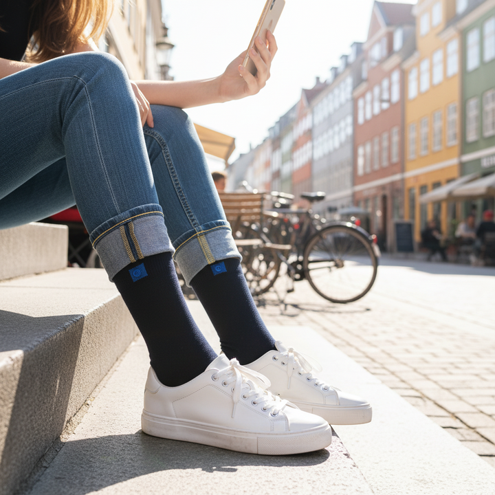 Navy Bomuldsstrømper | Sort Knap | 36-41