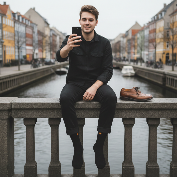 Sorte Bomuldsstrømper | Orange knap | 41-47