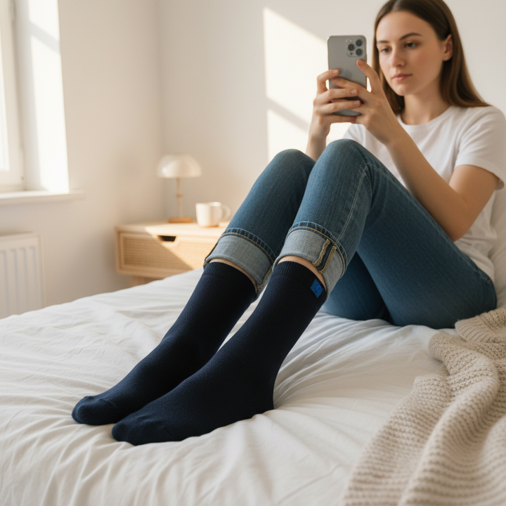 Navy Bomuldsstrømper | Sort Knap | 36-41