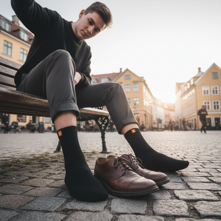 Sorte Bomuldsstrømper | Orange knap | 41-47