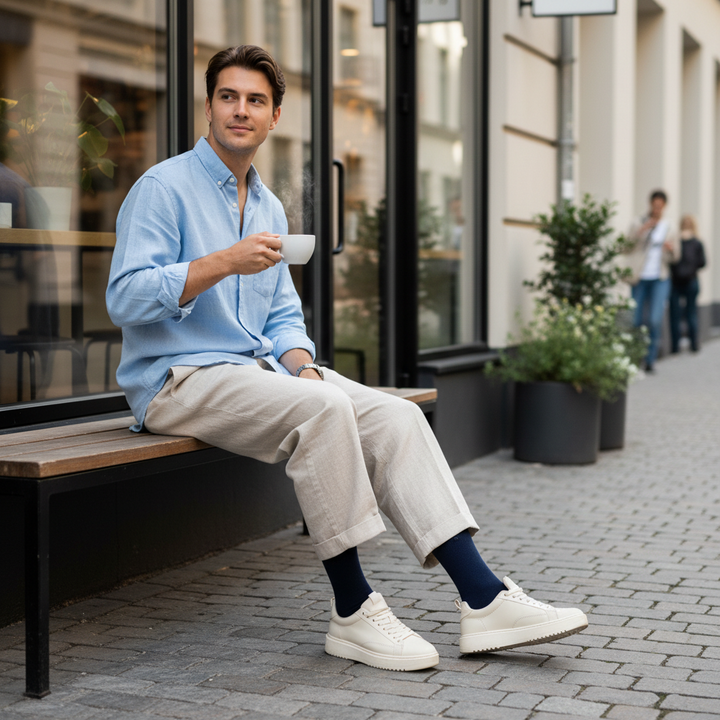 Navy Bomuldstrømpe | Sort Knap | 41-47