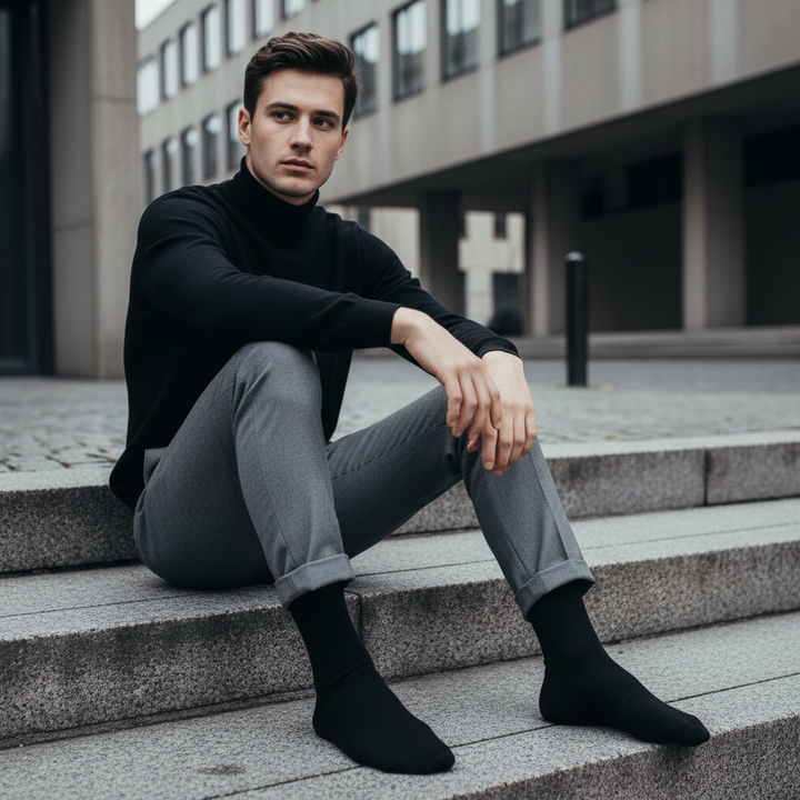 10 Boks Sorte Bomuldsstrømper | Sort knap | Str. 41-46