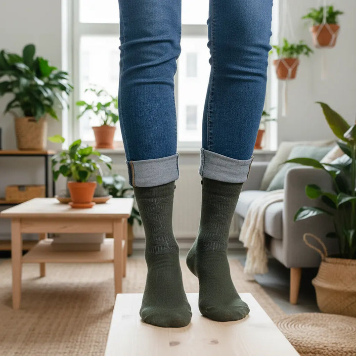 Wera grønne strømper med mønster i lejlighed med planter – SockiSocki