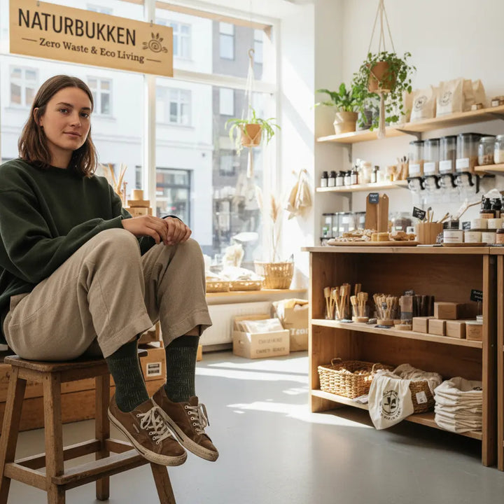 Wera grønne mønsterstrømper i zero waste-butik – SockiSocki