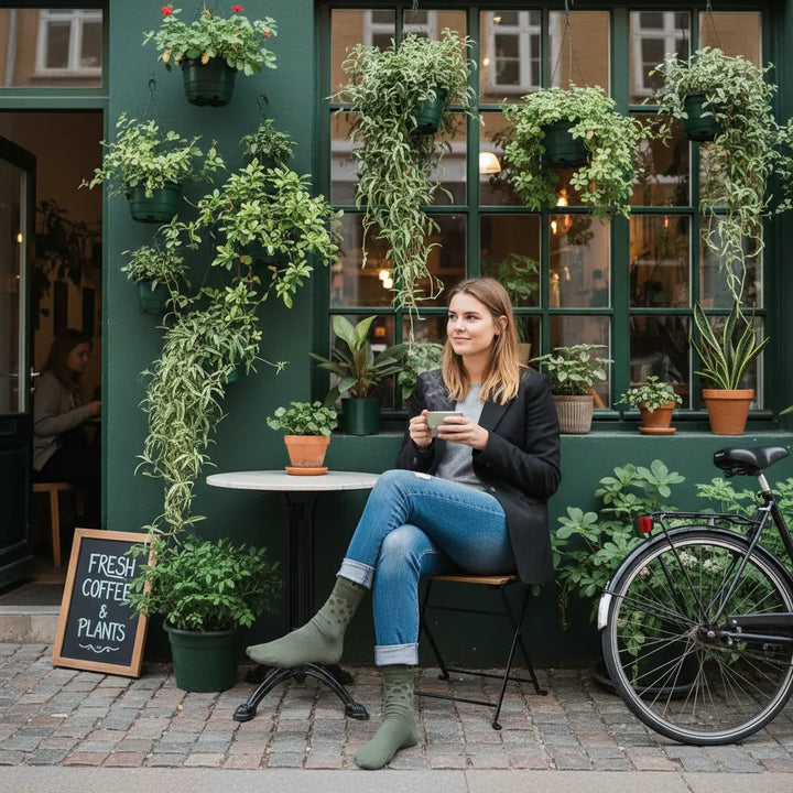 Zephrine prikstrømper i grøn café med planter – SockiSocki