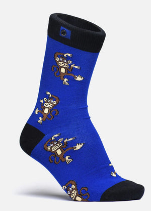 Marineblå herrestrømper med sjovt abemotiv – festligt twist til sokkeskuffen fra SockiSocki